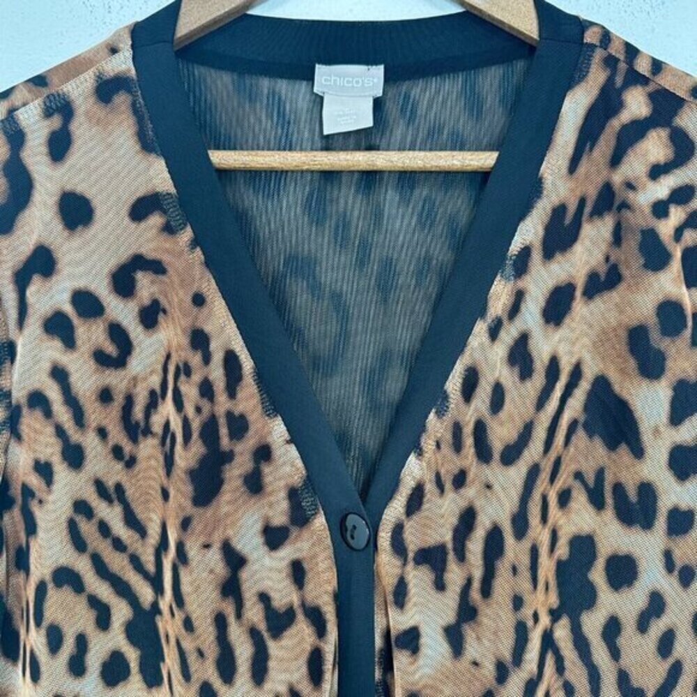 Chico's Size Large Sheer‎ Mesh Leopard Print V Neck Button Front Long Cardigan - Picture 4 of 6